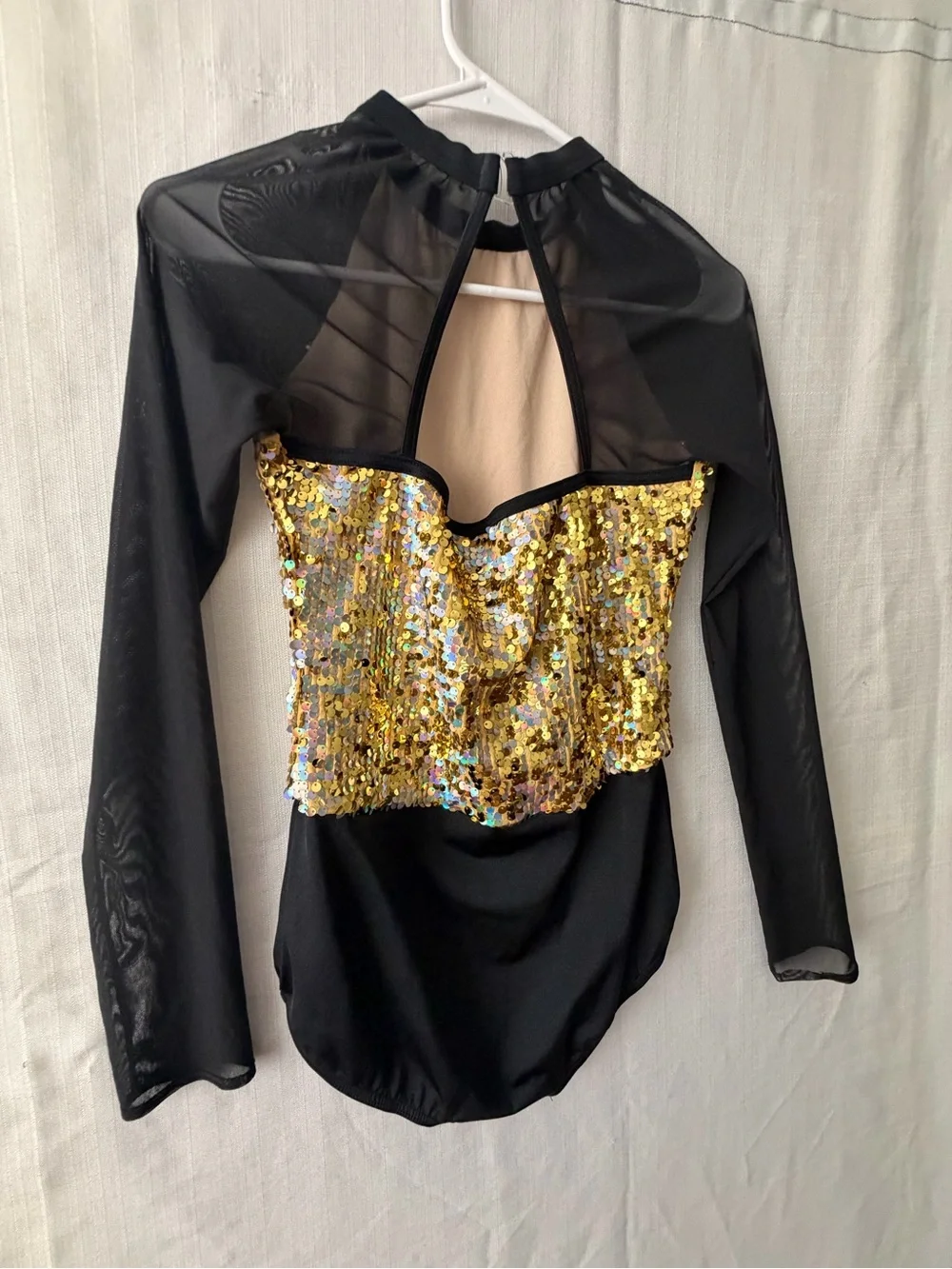 Weissman Gold Sequin Black Mesh Long Sleeve Leotard Size MA Excellent (A642) - Picture 7 of 11